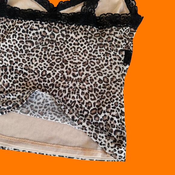 00's vintage leopard mesh black lace y2k bodycon tank top XL - Picture 6 of 8